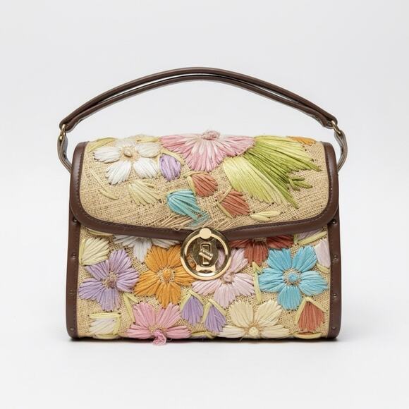 Vintage Raffia Floral Handbag Made in Philippines Wood Sides 60s 70s Boho - Picture 1 of 4